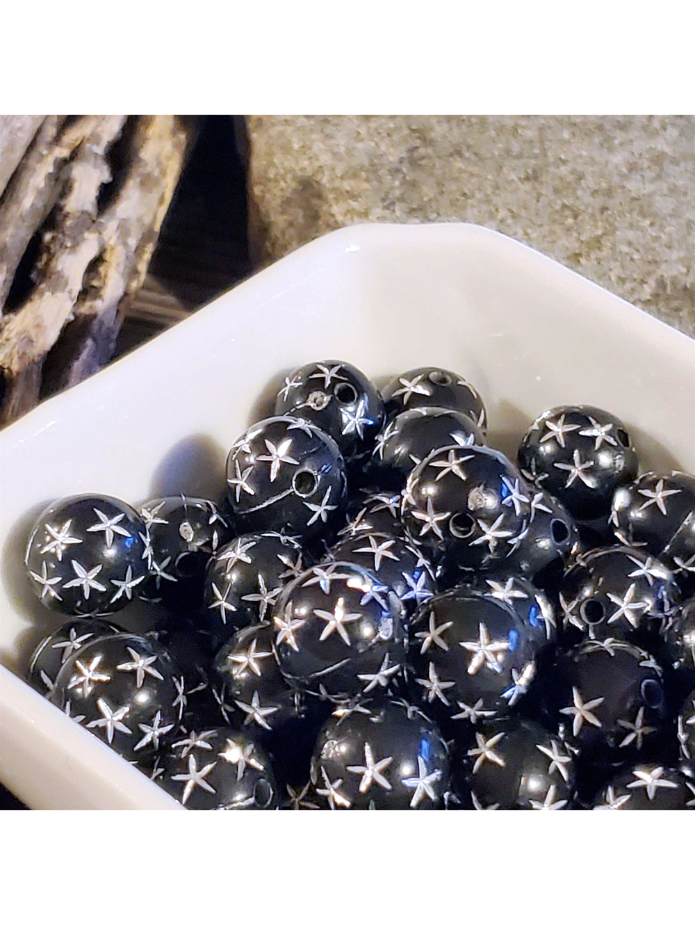 Vintage Retro Black Silver Stars 12mm Round Acrylic Shabby Chic Beads 10 pcs